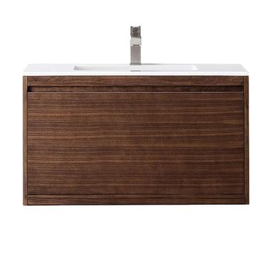 James Martin Mantova 35.4 Inch Single Vanity in Mid Century Walnut Without Base With Glossy White Composite Stone Top