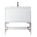 James Martin Mantova 35.4" Single Vanity in Glossy White With Brushed Nickel Base With Glossy White Composite Stone Top