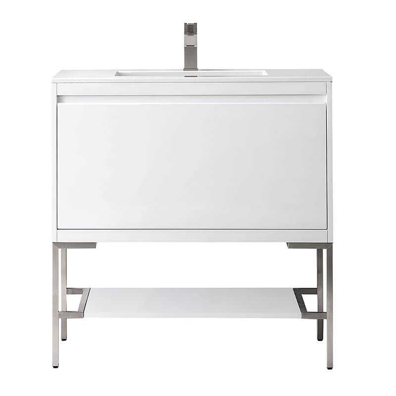 James Martin Mantova 35.4" Single Vanity in Glossy White With Brushed Nickel Base With Glossy White Composite Stone Top