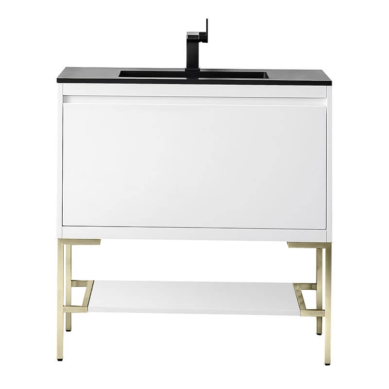 James Martin Mantova 35.4" Single Vanity in Glossy White With Champagne Brass Base With Charcoal Black Composite Stone Top