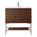 James Martin Mantova 35.4" Single Vanity in Mid Century Walnut With Brushed Nickel Base With Glossy White Composite Stone Top
