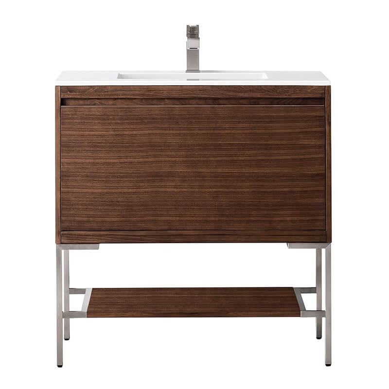James Martin Mantova 35.4" Single Vanity in Mid Century Walnut With Brushed Nickel Base With Glossy White Composite Stone Top