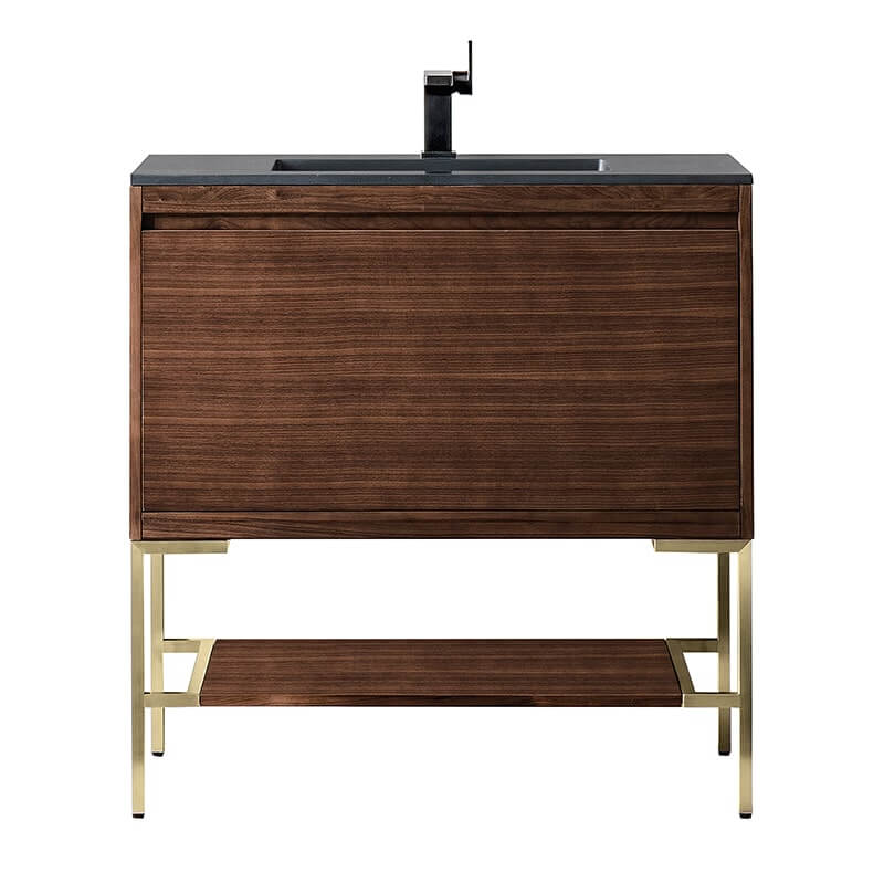 James Martin Mantova 35.4" Single Vanity in Mid Century Walnut With Champagne Brass Base With Charcoal Black Composite Stone Top