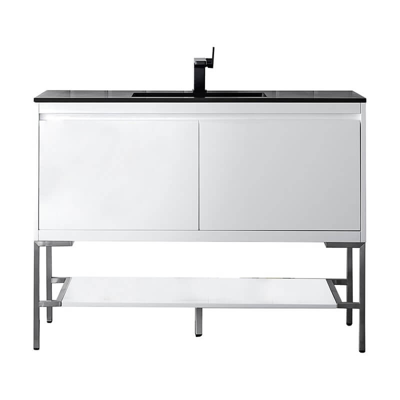 James Martin Mantova 47.3 Inch Single Vanity in Glossy White With Brushed Nickel Base With Charcoal Black Composite Stone Top