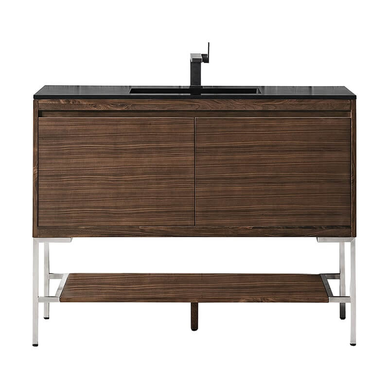 James Martin Mantova 47.3 Inch Single Vanity in Mid Century Walnut With Brushed Nickel Base With Charcoal Black Composite Stone Top