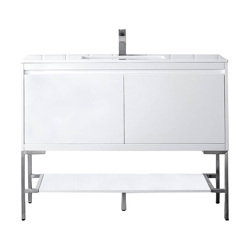 James Martin Mantova 47.3" Single Vanity in Glossy White With Brushed Nickel Base With Glossy White Composite Stone Top