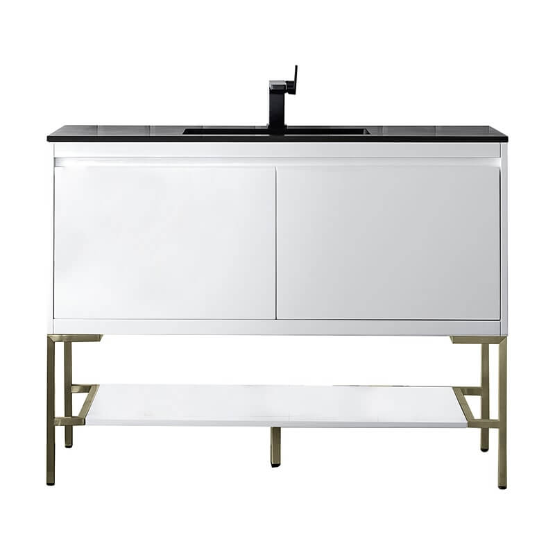 James Martin Mantova 47.3" Single Vanity in Glossy White With Champagne Brass Base With Charcoal Black Composite Stone Top