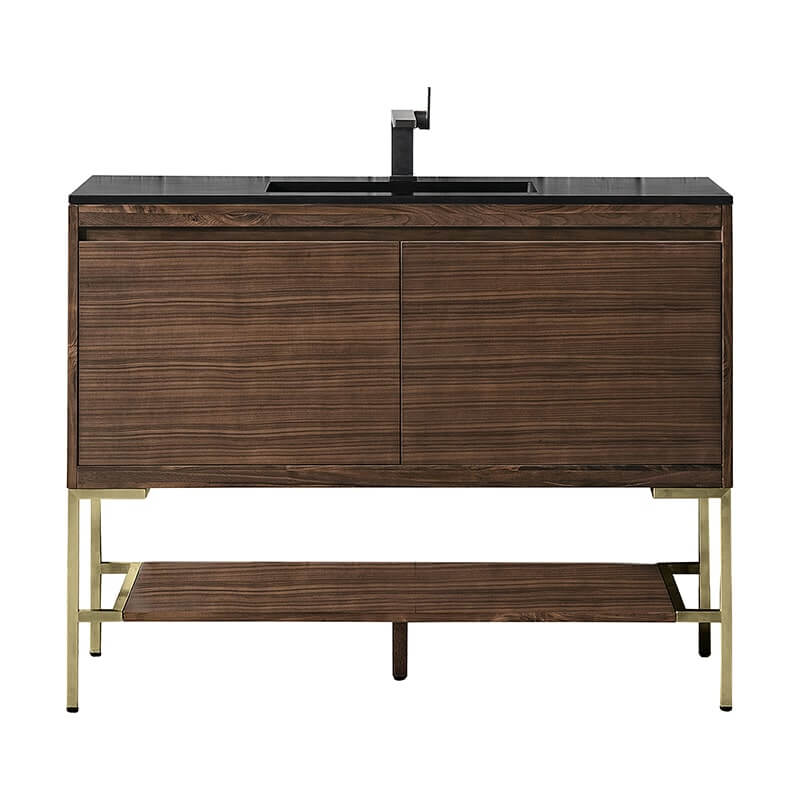 James Martin Mantova 47.3" Single Vanity in Mid Century Walnut With Champagne Brass Base With Charcoal Black Composite Stone Top
