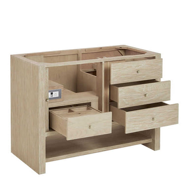 James Martin Marigot 48 Inch Single Vanity in Sunwashed Oak Corner View Open Drawers