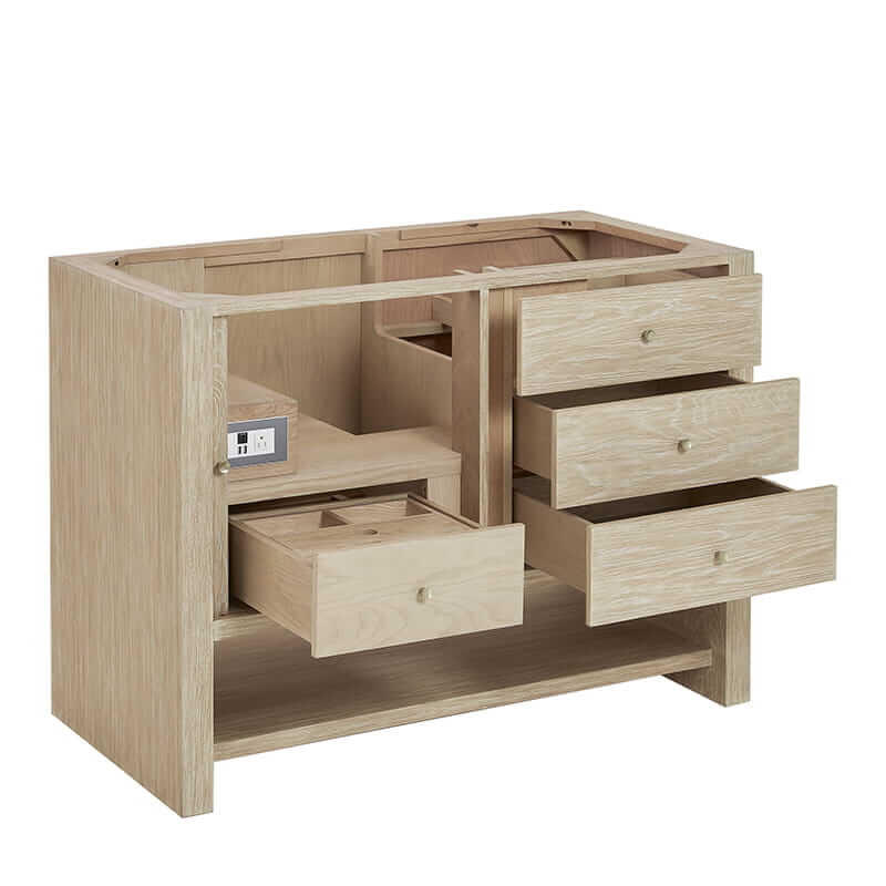 James Martin Marigot 48 Inch Single Vanity in Sunwashed Oak Corner View Open Drawers