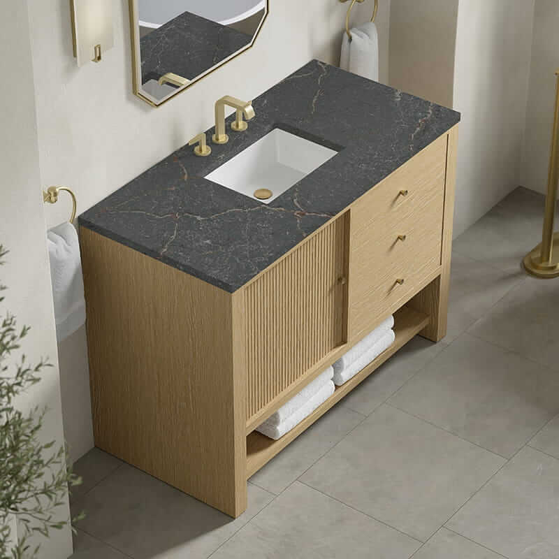 James Martin Marigot 48 Inch Single Vanity in Sunwashed Oak With Parisien Bleu Silestone Top