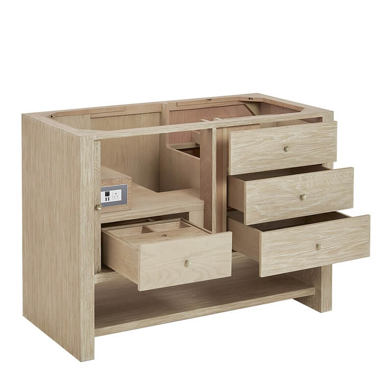 James Martin Marigot 48" Single Vanity in Sunwashed Corner View Open Drawers