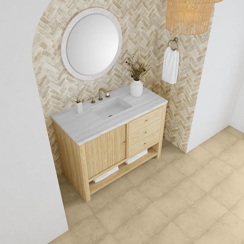 James Martin Marigot 48" Single Vanity in Sunwashed Oak With Arctic Fall Solid Surface Top