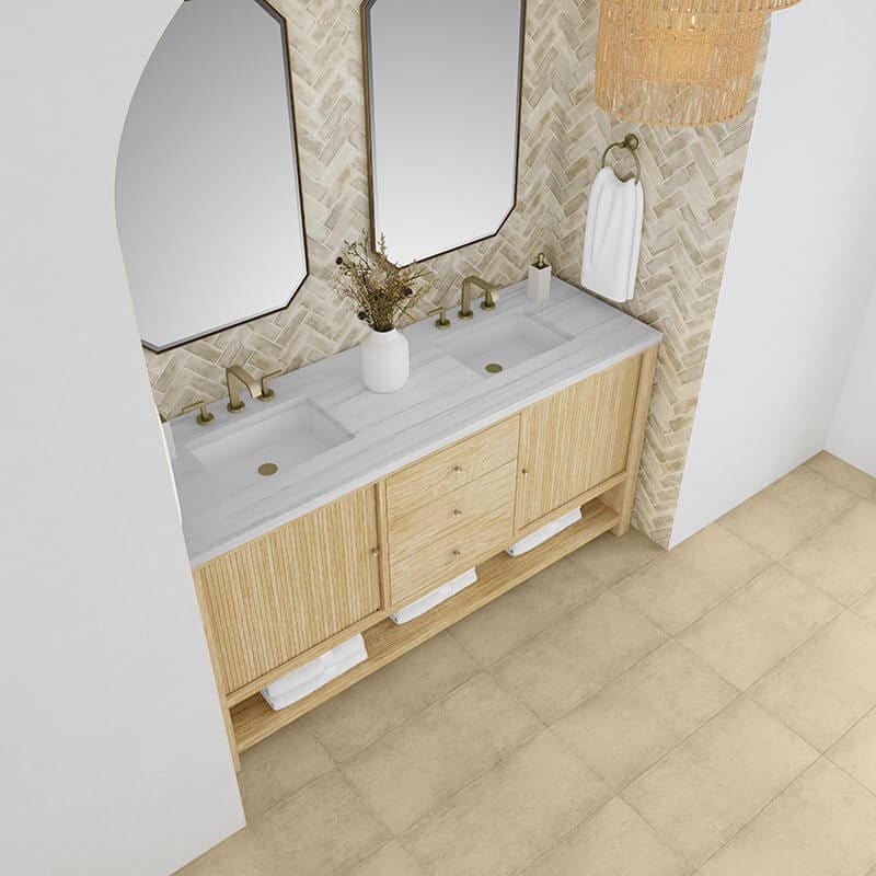 James Martin Marigot 72" Double Vanity in Sunwashed Oak With Arctic Fall Solid Surface Top