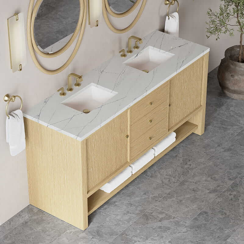 James Martin Marigot 72" Double Vanity in Sunwashed Oak With Ethereal Noctis Silestone Top