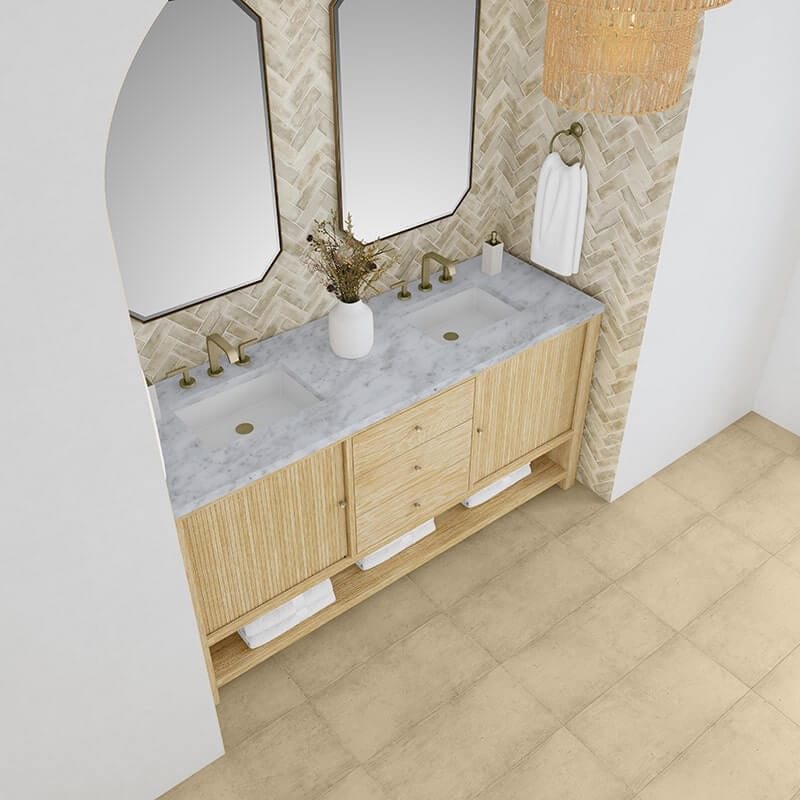James Martin Marigot 72 Inch Double Vanity in Sunwashed Oak With Carrara White Marble Top