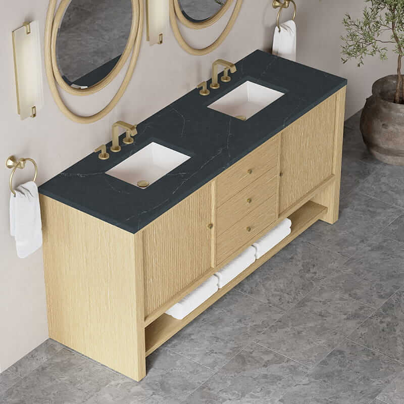 James Martin Marigot 72 Inch Double Vanity in Sunwashed Oak With Charcoal Soapstone Silestone Top
