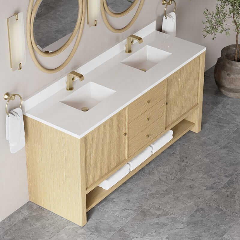 James Martin Marigot 72 Inch Double Vanity in Sunwashed Oak With White Zeus Silestone Top Backsplash