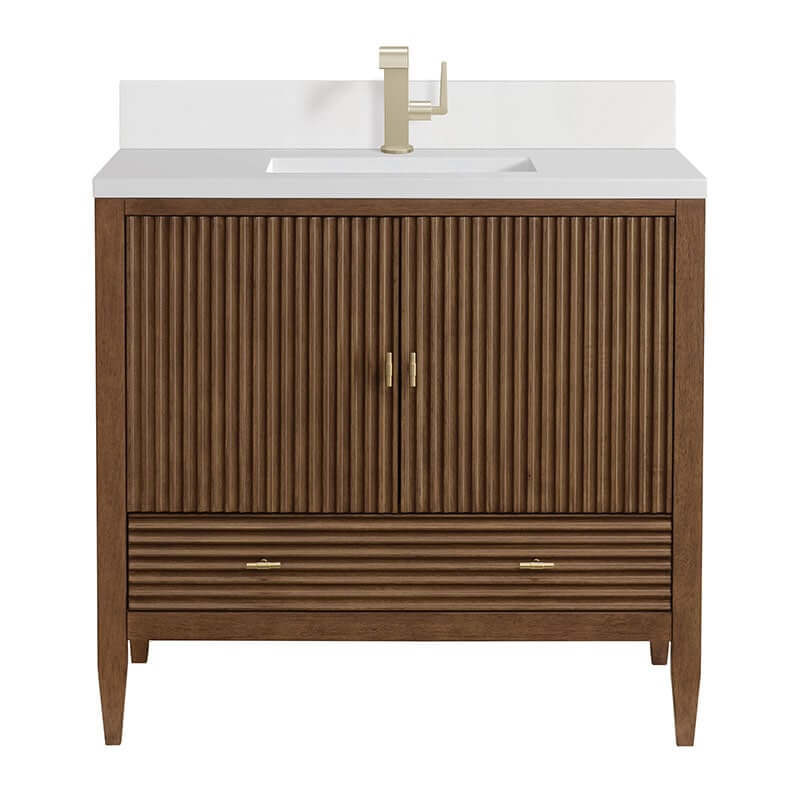 James Martin Myrrin 36 Inch Single Century Walnut Single Hole Faucet White Zeus Silestone Top & Backsplash