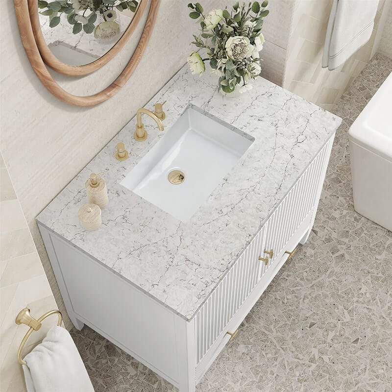 James Martin Myrrin 36" Single Vanity Bright White Eternal Jasmine Pearl Silestone Top