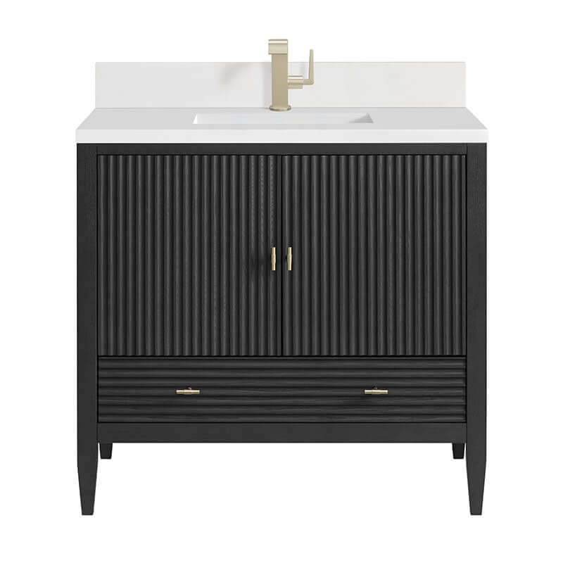 James Martin Myrrin 36 Single Vanity Carbon Oak Single Hole Faucet White Zeus Silestone Top Backsplash