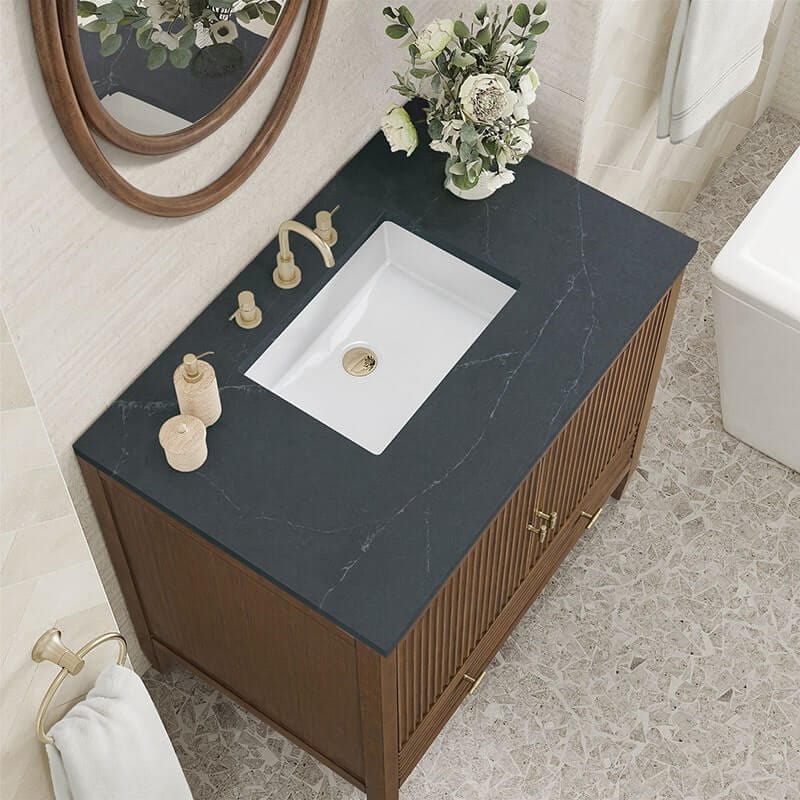 James Martin Myrrin 36" Single Vanity Century Walnut Charcoal Soapstone Silestone Top