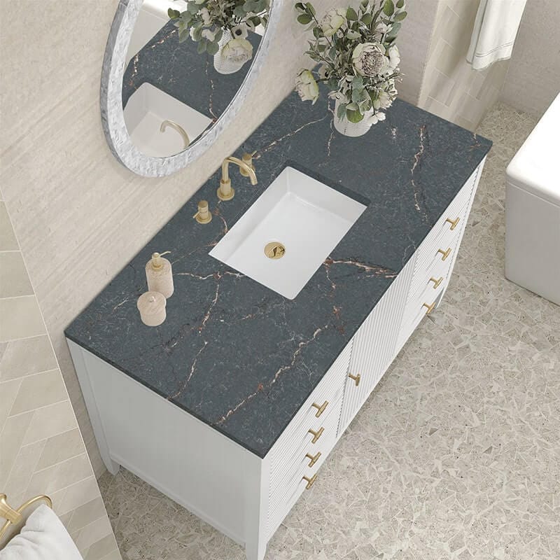 James Martin Myrrin 48 Inch Single Vanity Bright White Parisien Bleu Silestone Top