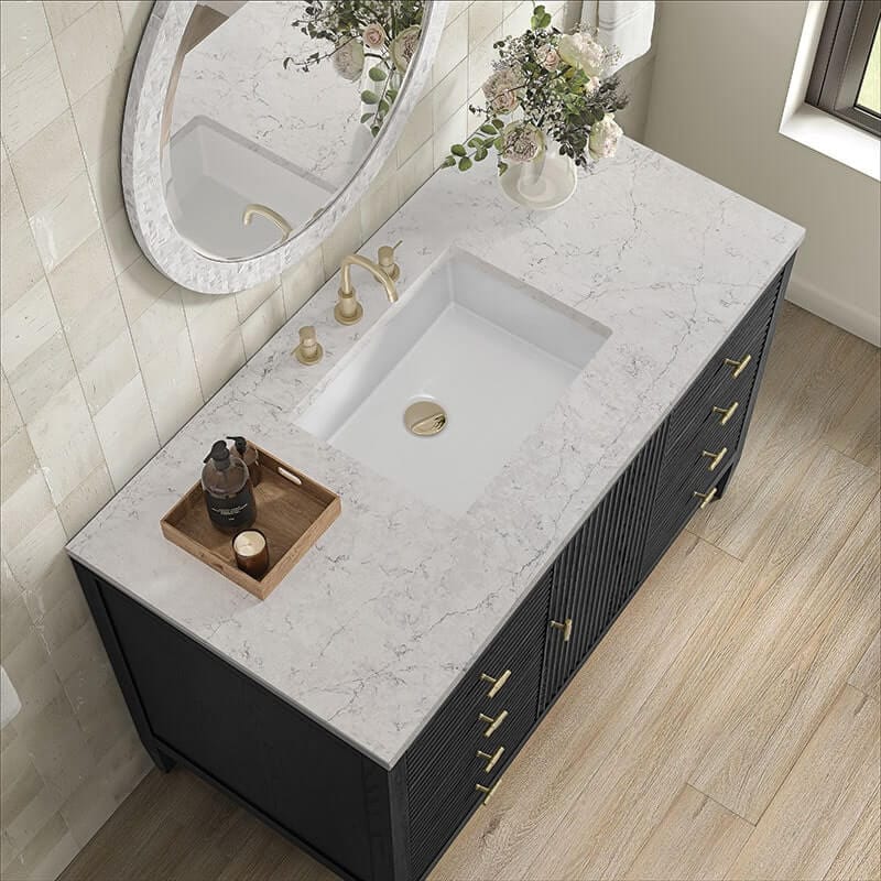 James Martin Myrrin 48 Inch Single Vanity Carbon Oak Eternal Jasmine Pearl Silestone Top