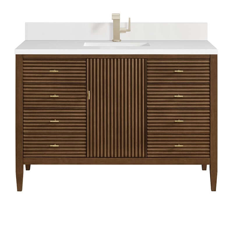 James Martin Myrrin 48 Inch Single Vanity Century Walnut Single Hole Faucet White Zeus Silestone Top & Backsplash