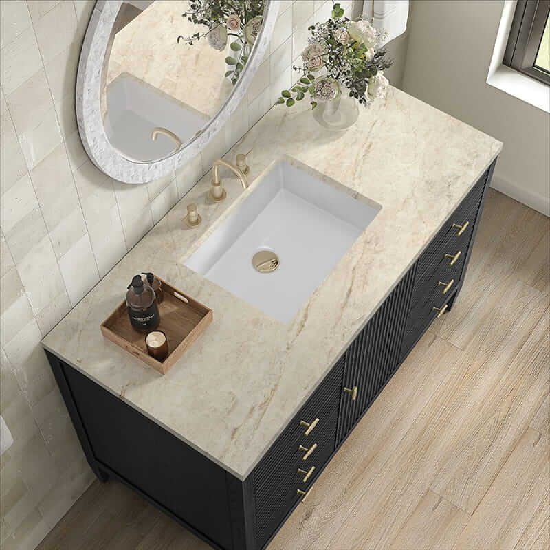 James Martin Myrrin 48 Inch Single Vanity in Carbon Oak With Tajnar Eclos Top