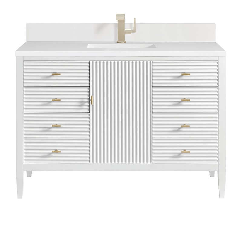 James Martin Myrrin 48" Single Vanity Bright White Single Hole Faucet White Zeus Silestone Top Backsplash