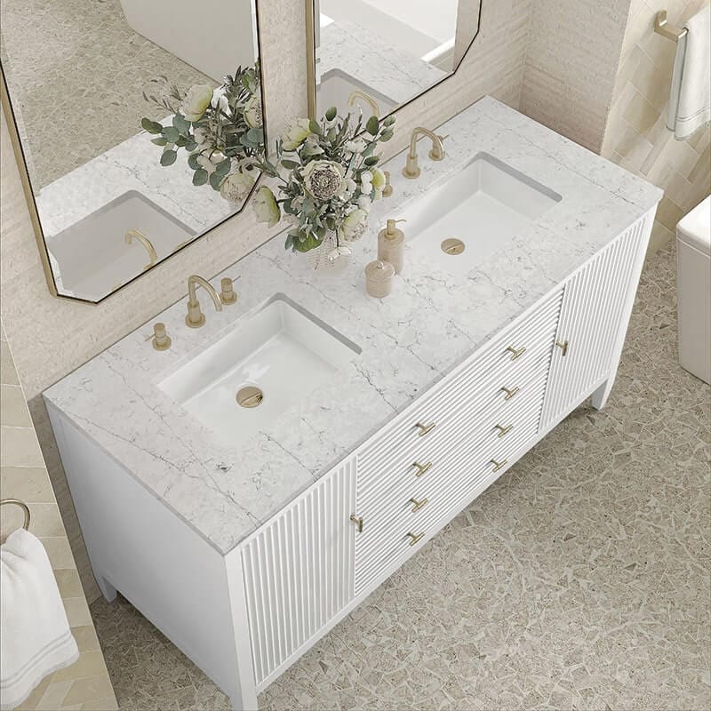 James Martin Myrrin 60" Double Vanity Bright White Eternal Jasmine Pearl Silestone Top