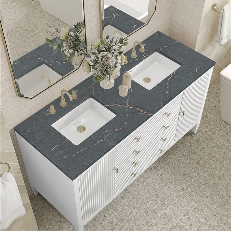 James Martin Myrrin 60" Double Vanity Bright White Parisien Bleu Silestone Top