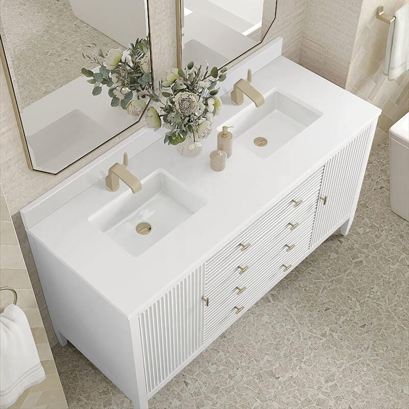 James Martin Myrrin 60" Double Vanity Bright White Single Hole Faucet White Zeus Silestone Top & Backsplash