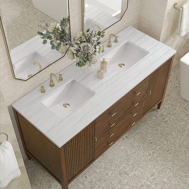 James Martin Myrrin 60" Double Vanity Century Walnut Arctic Fall Solid Surface Top