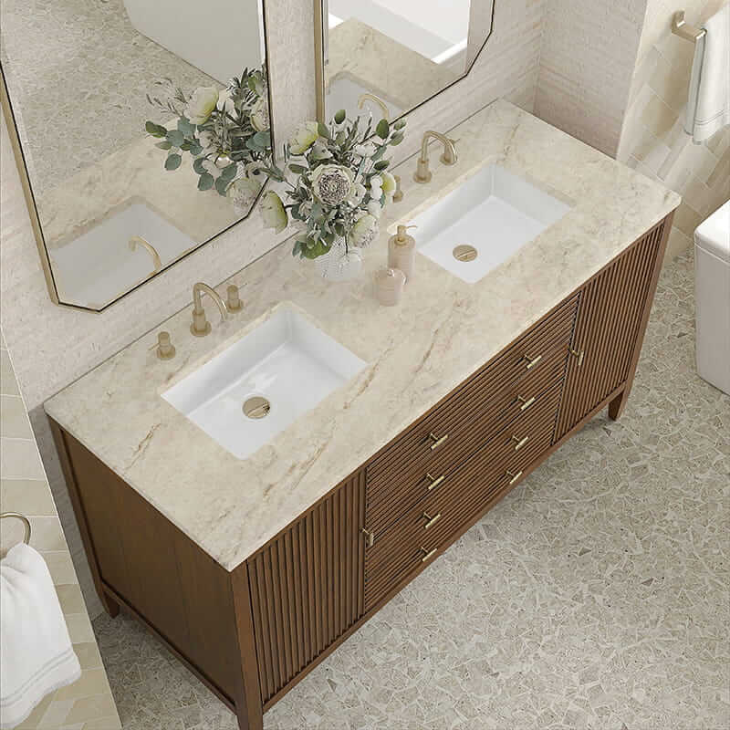 James Martin Myrrin 60" Double Vanity in Mid Century Walnut With Tajnar Eclos Top