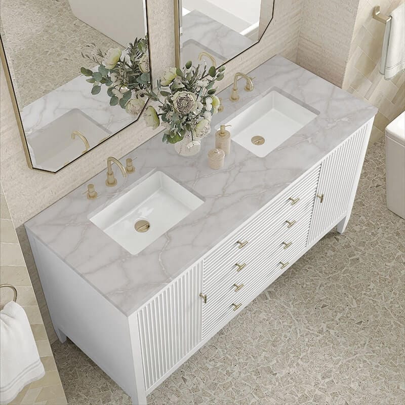 James Martin Myrrin 60 Inch Double Vanity Bright White Victorian Silver Silestone Top