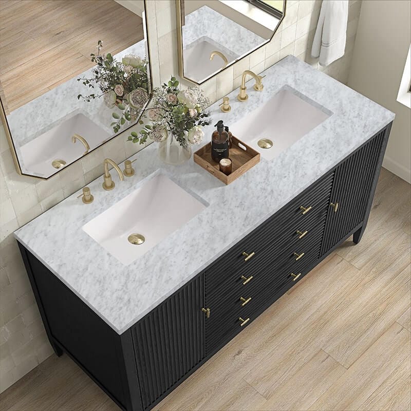 James Martin Myrrin 60 Inch Double Vanity Carbon Oak Carrara White Marble Top