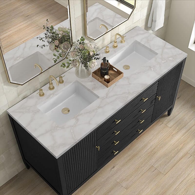 James Martin Myrrin 60 Inch Double Vanity Carbon Oak Victorian Silver Silestone Top