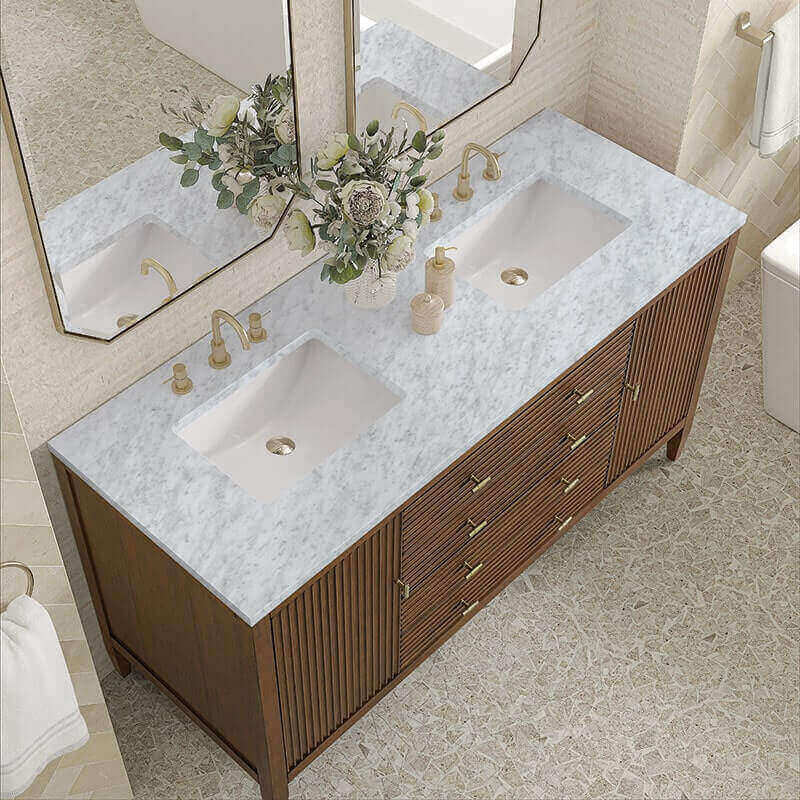 James Martin Myrrin 60 Inch Double Vanity Century Walnut Carrara White Marble Top