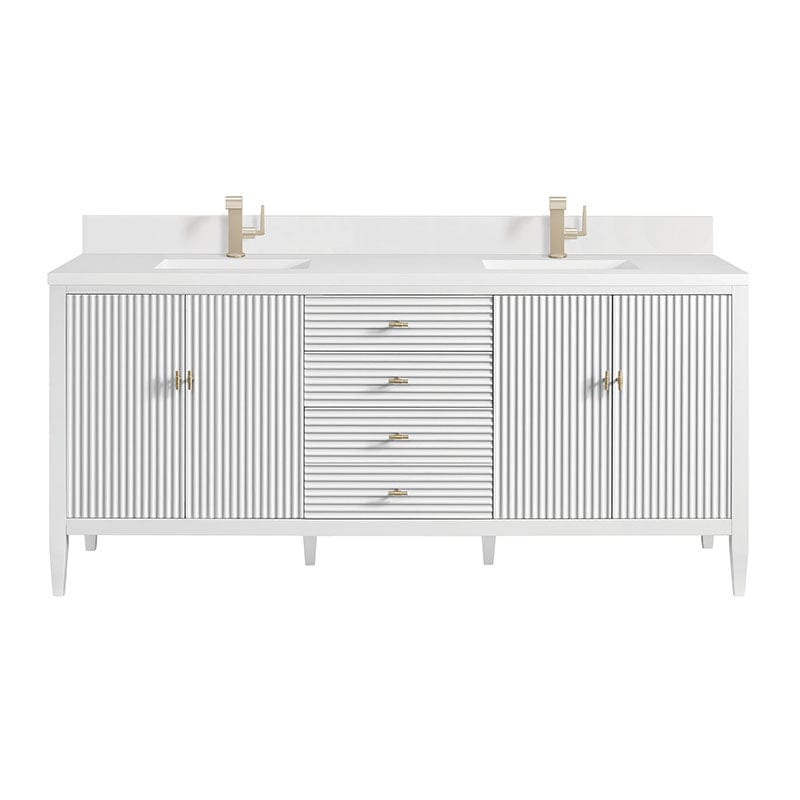 James Martin Myrrin 72" Double Vanity Bright White Single Hole Faucet White Zeus Silestone Top & Backsplash