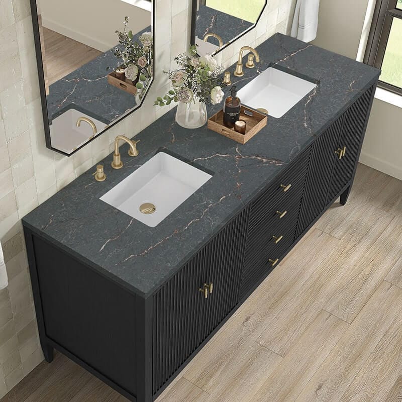 James Martin Myrrin 72" Double Vanity Carbon Oak Parisien Bleu Silestone Top