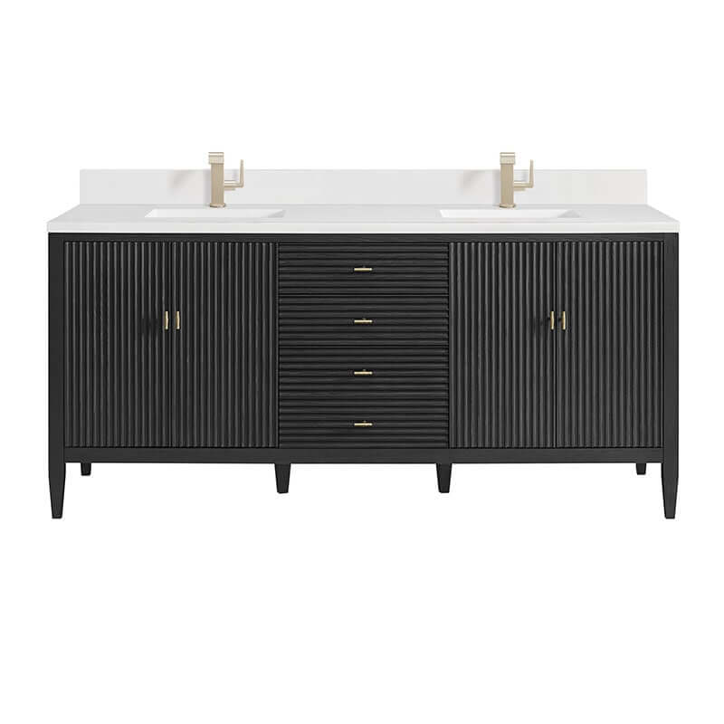 James Martin Myrrin 72" Double Vanity Carbon Oak Single Hole Faucet White Zeus Silestone Top & Backsplash