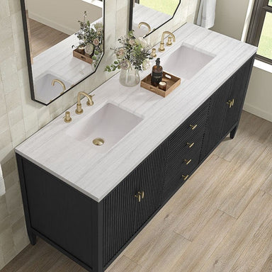 James Martin Myrrin 72 Inch Double Vanity Carbon Oak Arctic Fall Solid Surface Top