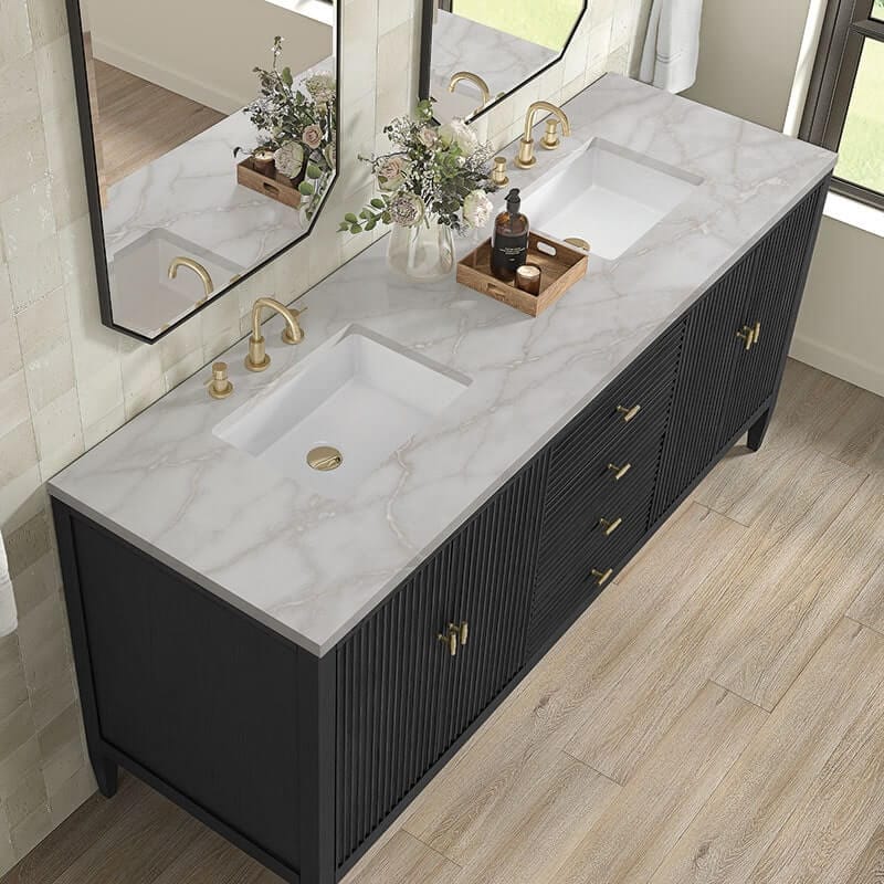 James Martin Myrrin 72 Inch Double Vanity Carbon Oak Victorian Silver Silestone Top
