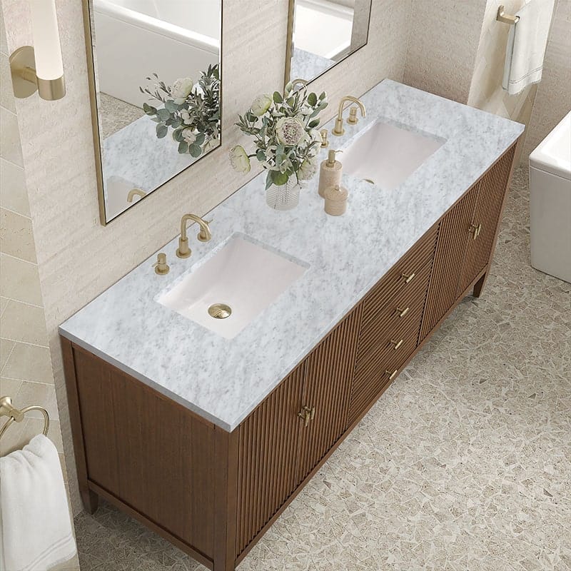 James Martin Myrrin 72 Inch Double Vanity Century Walnut Carrara White Marble Top