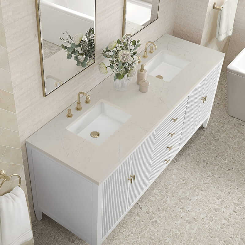 James Martin Myrrin 72 Inch Double Vanity in Bright White With Siberian Silestone Top