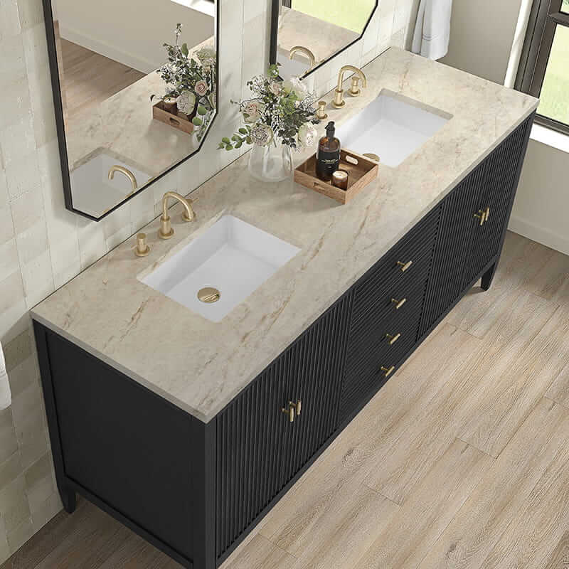James Martin Myrrin 72 Inch Double Vanity in Carbon Oak With Tajnar Eclos Top