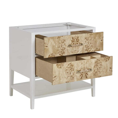 James Martin Olena 36 Inch Single Vanity in Light Mappa Burl and Polished White Cabinet Only Corner View Open Drawers