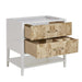 James Martin Olena 36 Inch Single Vanity in Light Mappa Burl and Polished White Cabinet Only Corner View Open Drawers